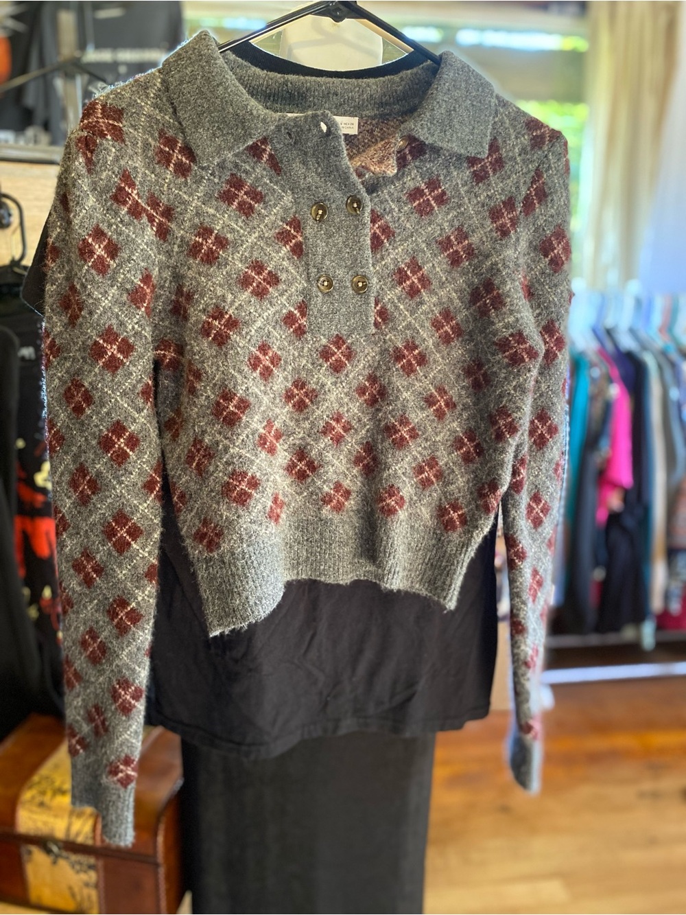 Zara Grey Cropped Argyle Sweater with Burgundy Diamonds